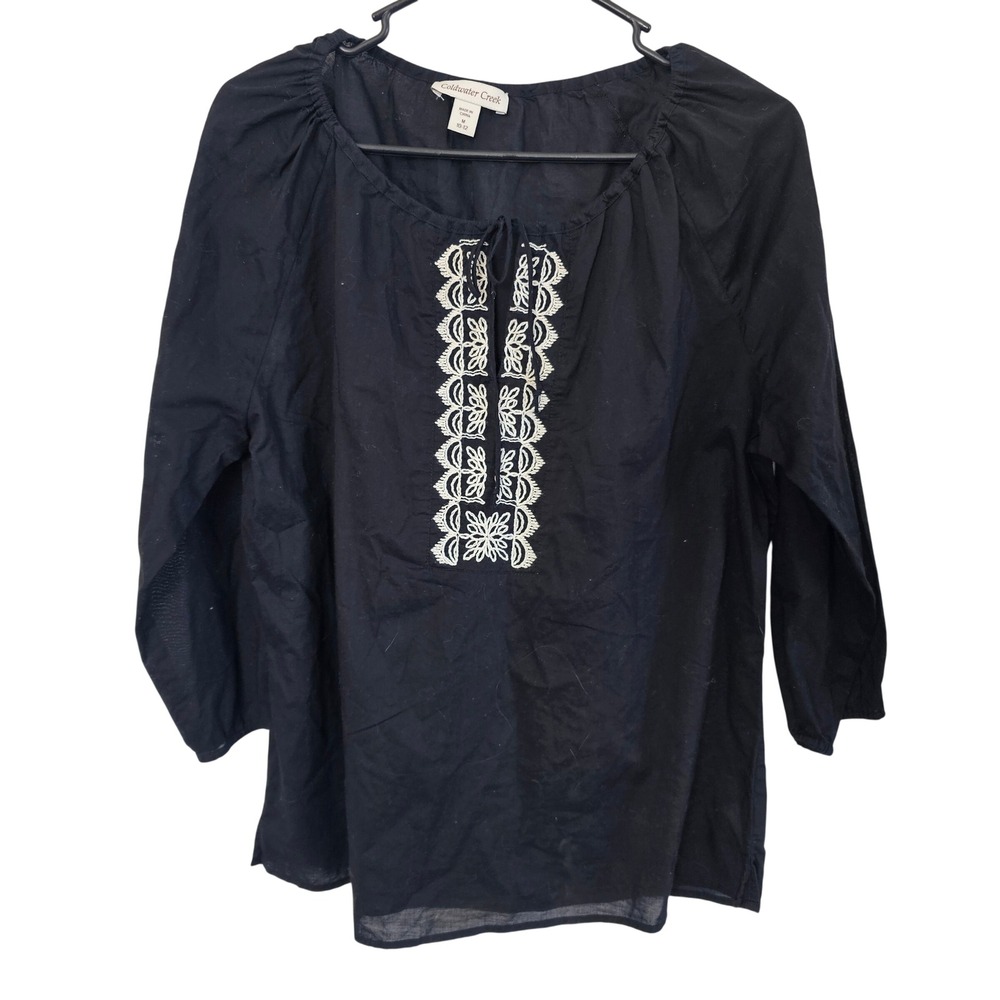 Coldwater Creek Womens Black Embroidered Cotton Peasant Blouse Top Size M 10-12